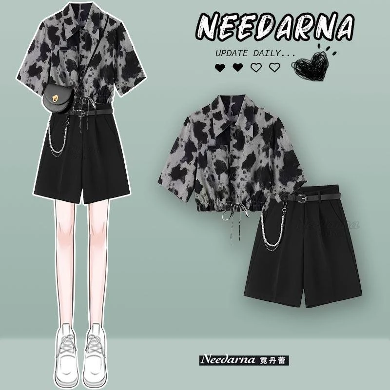 夏季衣服2025新款大码女装穿搭设计感短袖衬衫配休闲阔腿短裤