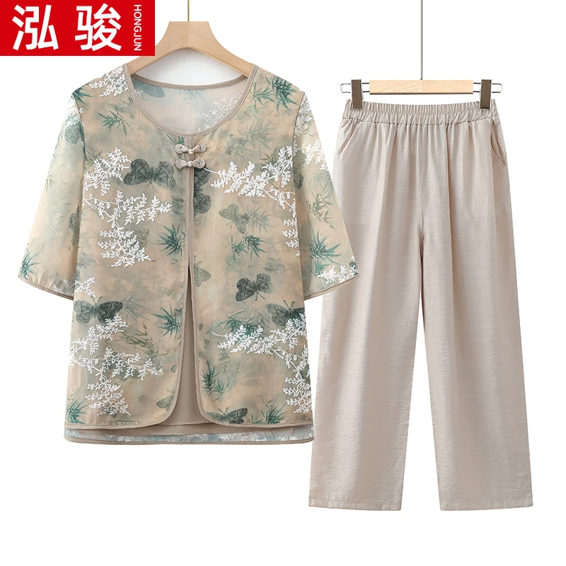 妈妈装新款夏装洋气奶奶装上衣假两件中年夏季小衫大码休闲宽松