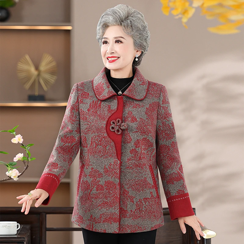 中老年人新款春秋装奶奶毛呢外套60岁70岁80岁宽松老太太衣服上衣