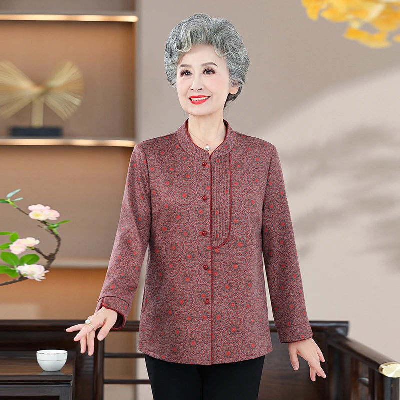 中老年人衬衫女奶奶春秋季长袖衬衣老太太衣服妈妈装休闲薄款外套