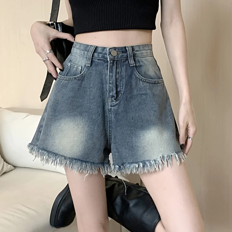 大码胖mm牛仔短裤女高腰夏季薄款毛边小众设计感辣妹A字阔腿热裤