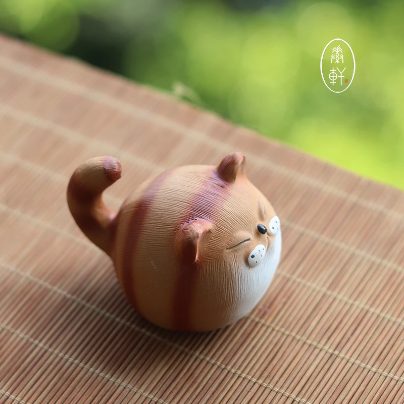 泥炎紫砂猫咪茶宠陶瓷茶道配件喝茶摆件创意笔搁手工可爱茶壶盖置