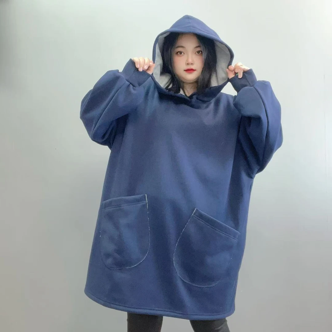 大码中长款连帽保暖套头卫衣女韩版宽松黑色加厚百搭上衣300斤胖m
