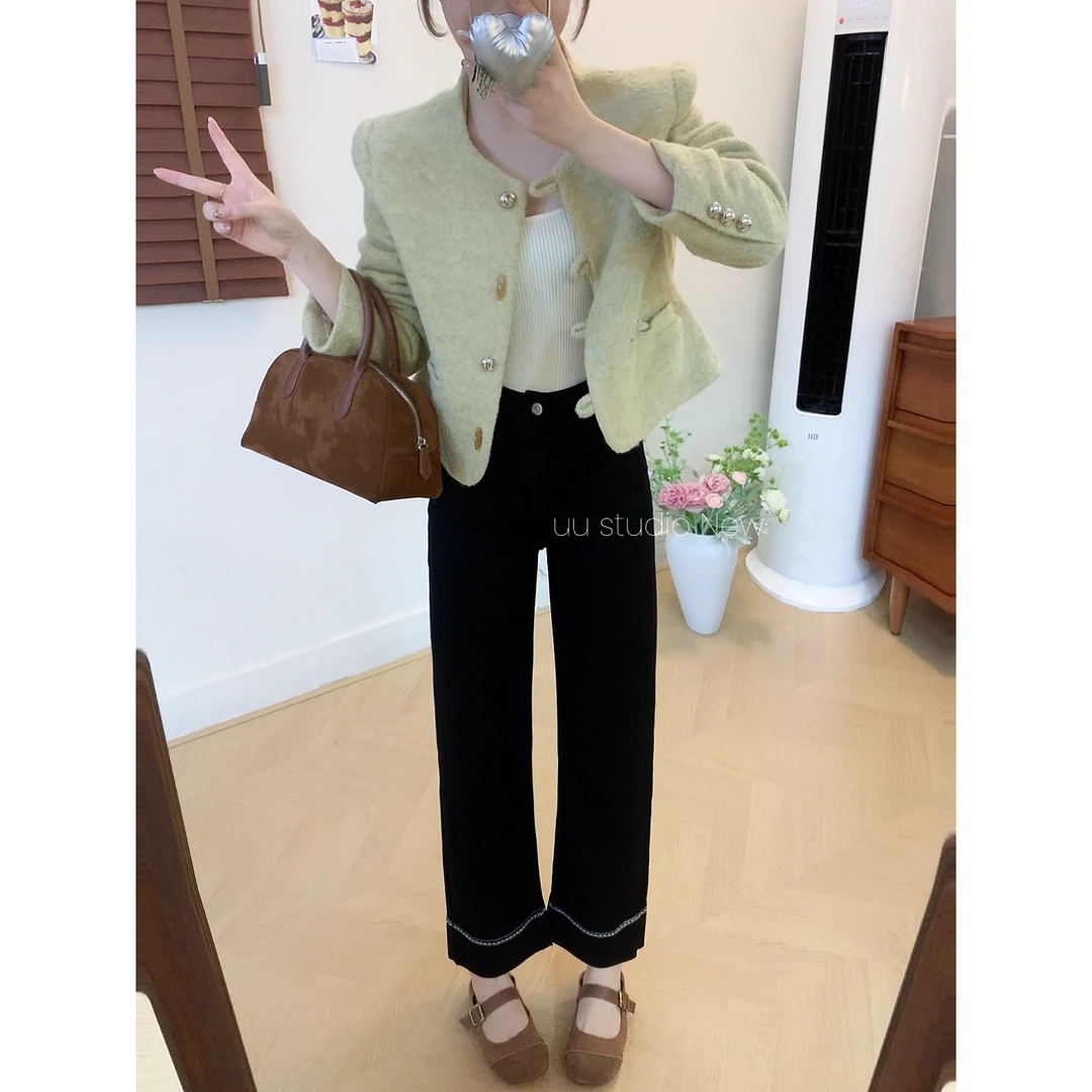 雾隐黑调｜春日直筒高腰牛仔裤女小个子九分弹力奶奶裤