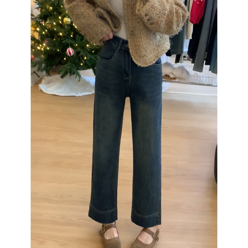 腿粗的神｜复古水泥蓝高腰直筒牛仔裤女小个子九分直筒裤