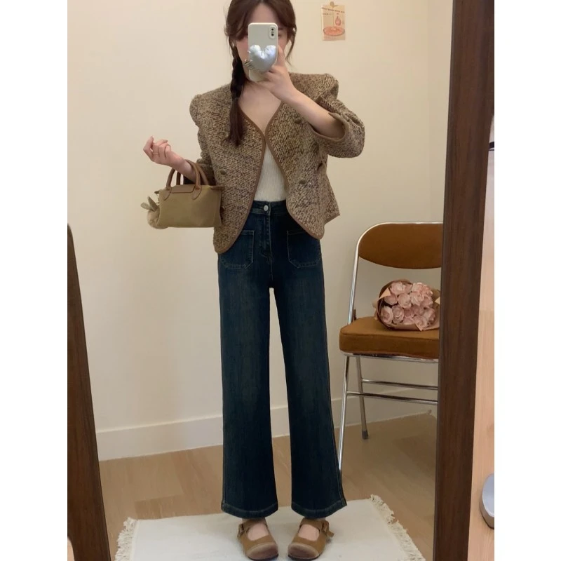 秋季新款高腰弹力显瘦直筒九分牛仔裤女适合梨型身材小个子