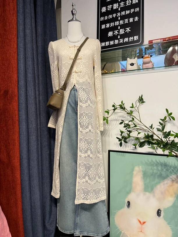 镂空针织连衣裙国风盘扣