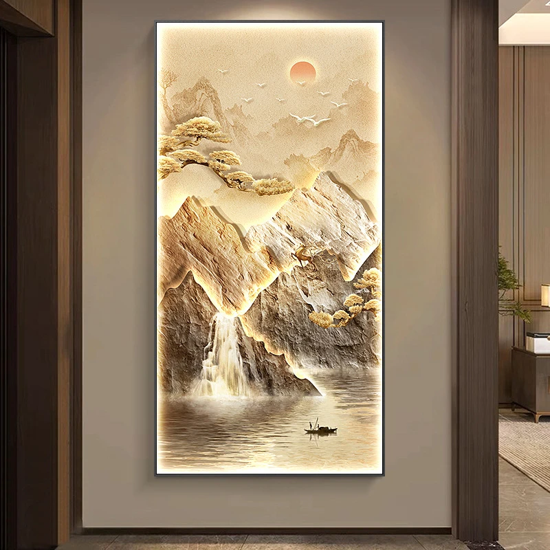 流水生财新中式玄关装饰画入户氛围灯光画走廊过道大气山水风景画