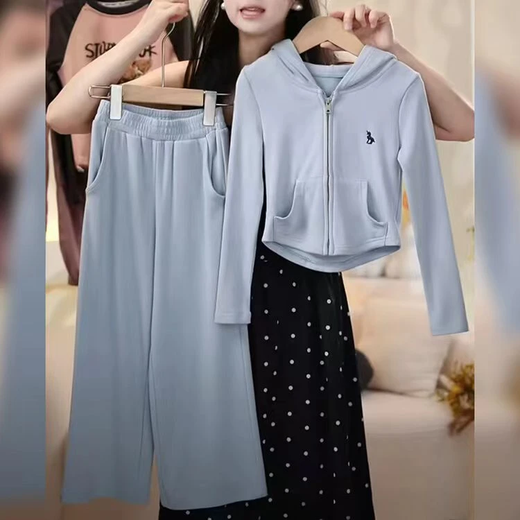 2024新款女童儿童春秋百搭时尚慵懒风海盐蓝休闲套装