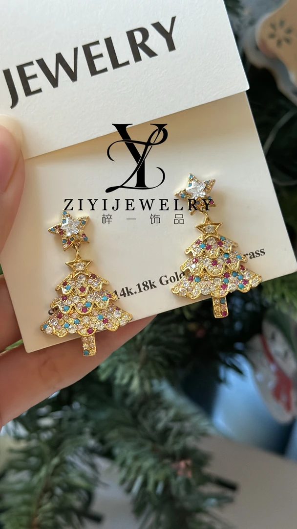 铜合金锆石耳饰 金色圣诞树流苏耳环甜美温柔精致圣诞节耳饰
