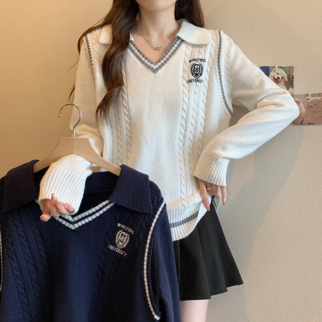 实拍2023年冬季胖mm大码女装时尚学院针织毛衣减龄翻领上衣69057