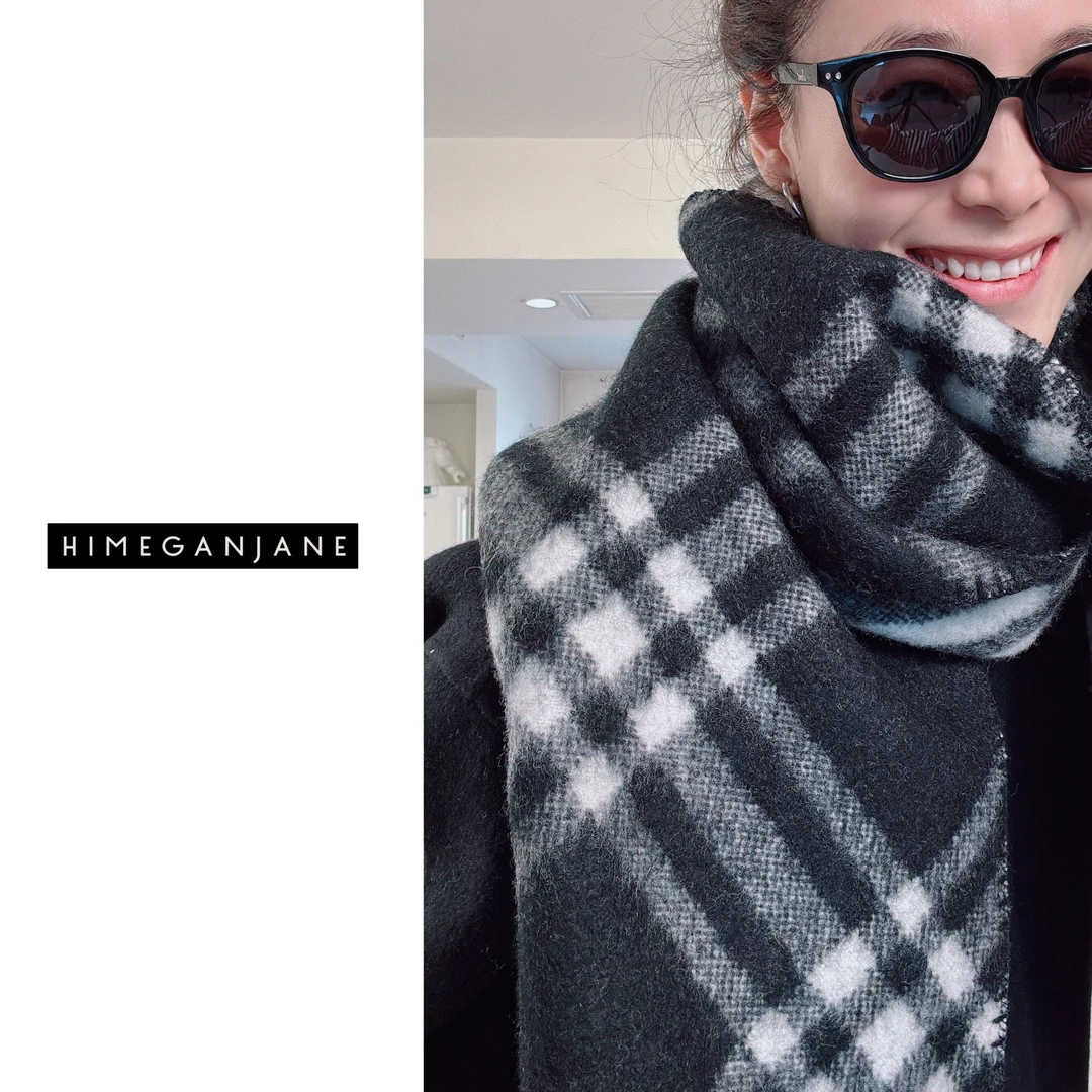HIMEGANJANE 手工钩边羊毛围巾经典格子秋冬围巾 241124