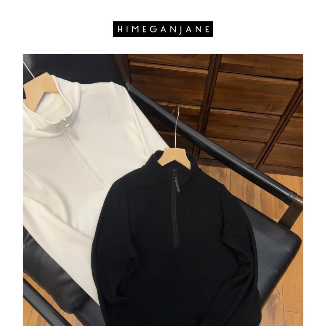 HIMEGANJANE 双面绒拼接立领拉链纯色套头衫上衣 24146