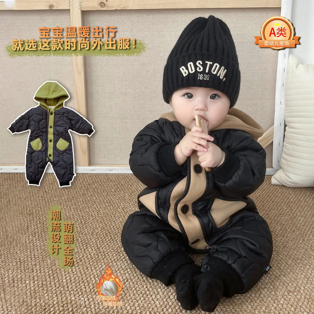 婴儿衣服秋冬款宝宝连体衣加绒加厚冬季外出服连帽保暖时尚抱衣潮