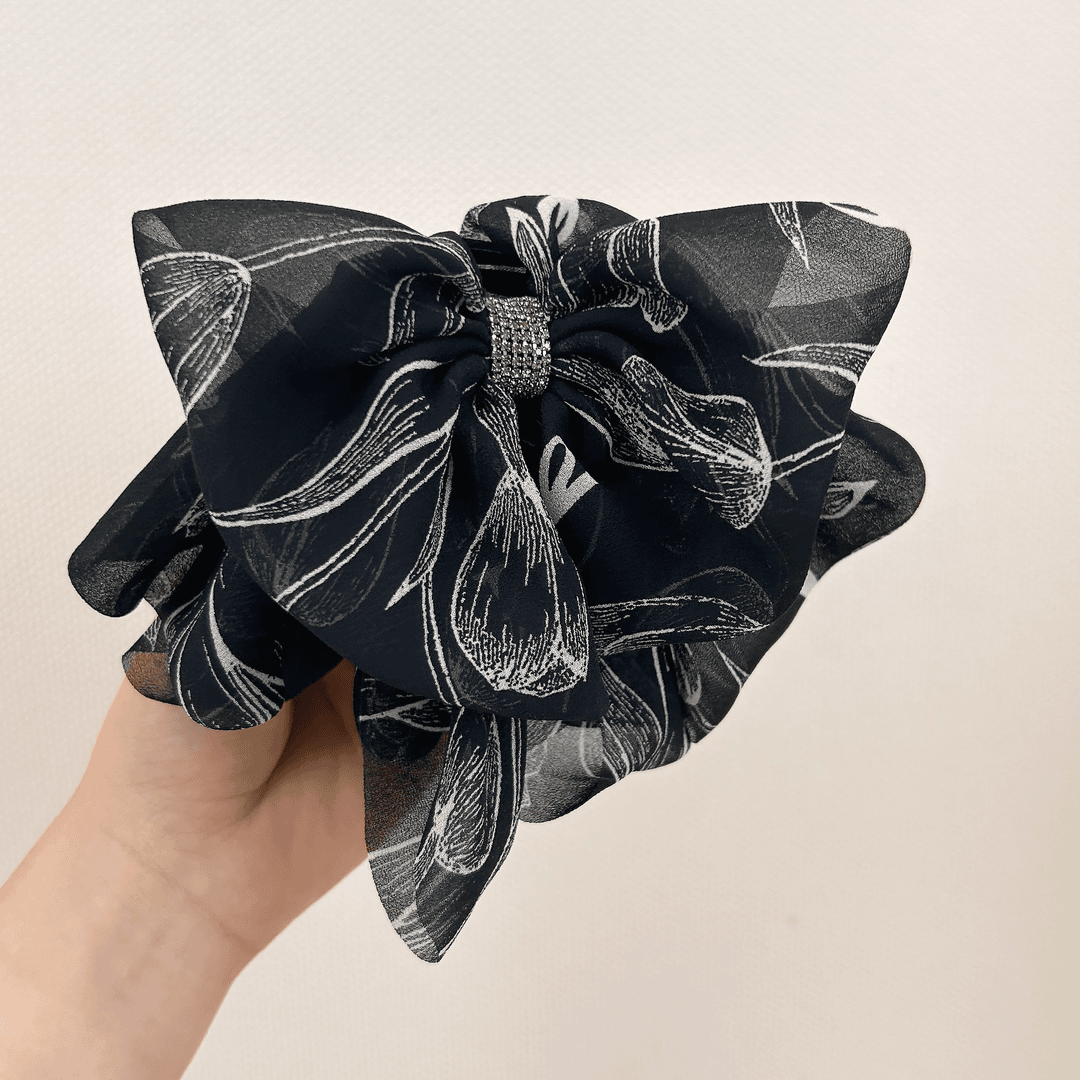 法式复古清冷感黑色印花蝴蝶结抓夹气质后脑勺盘发鲨鱼夹发饰