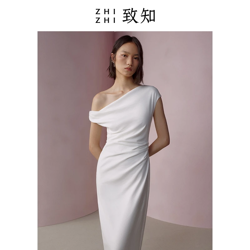 致知一连城 高级感穿搭斜肩纽结连衣裙24夏季新款长裙ZZ2DMWL7044