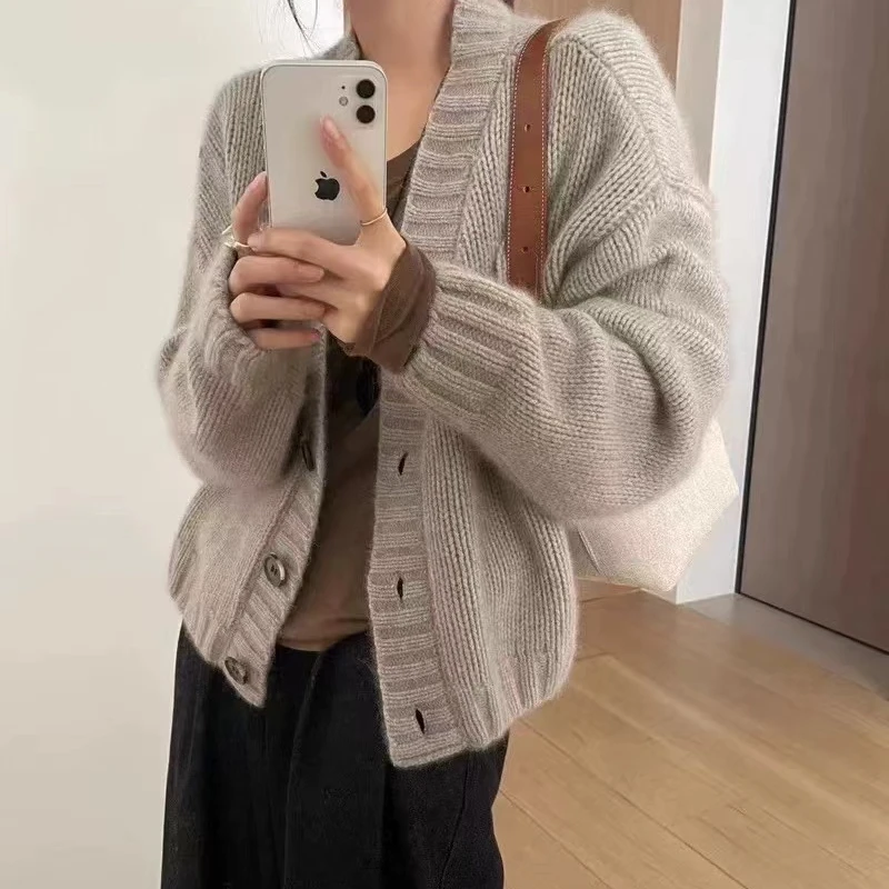 秋冬新款V领纯羊毛针织开衫女休闲百搭韩系慵懒宽松驼色羊毛外套