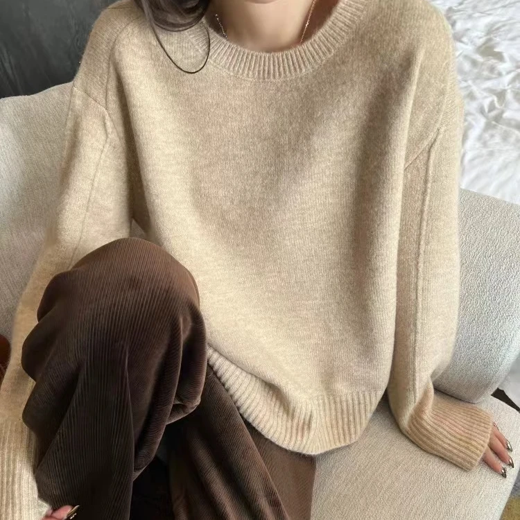 秋冬新款圆领100羊毛衫加厚新款宽松舒适显瘦休闲套头毛衣BC