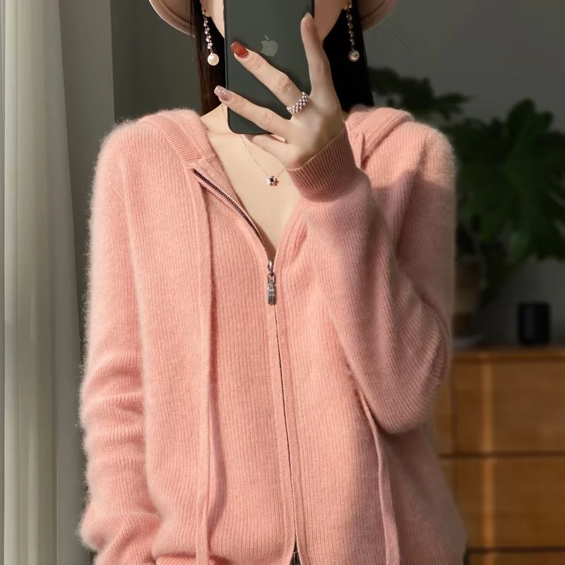 纯色抽绳连帽拉链100羊毛开衫女秋冬新款简约通勤长袖针织外套