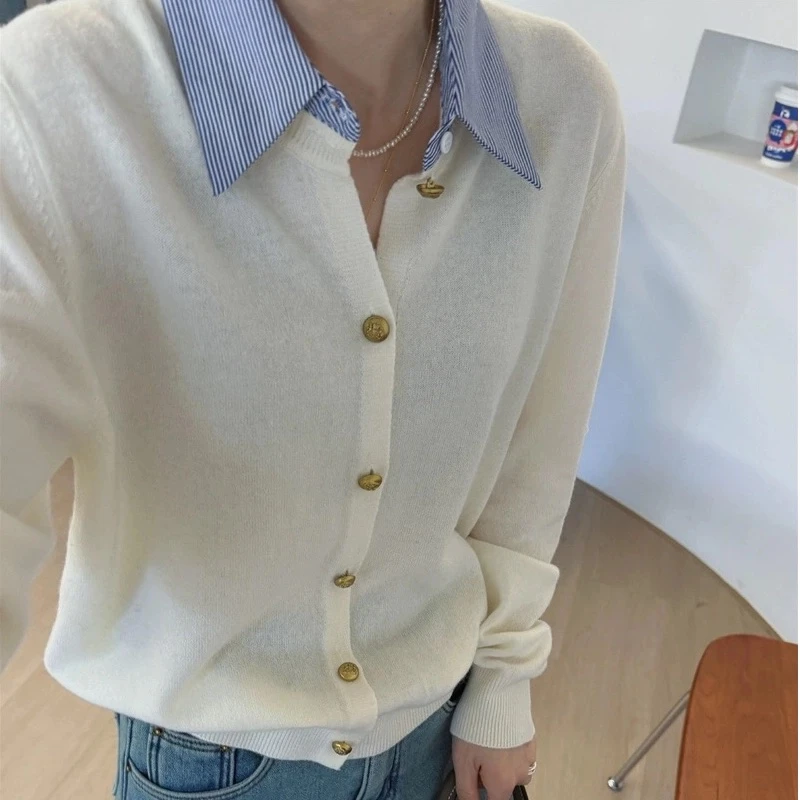 秋冬新款纯羊毛衫衬衣领拼接开衫女休闲韩版百搭针织毛衣上衣