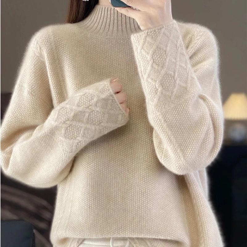 重工绞花保暖加厚半高领100羊毛衫女秋冬云感软糯毛衣针织衫