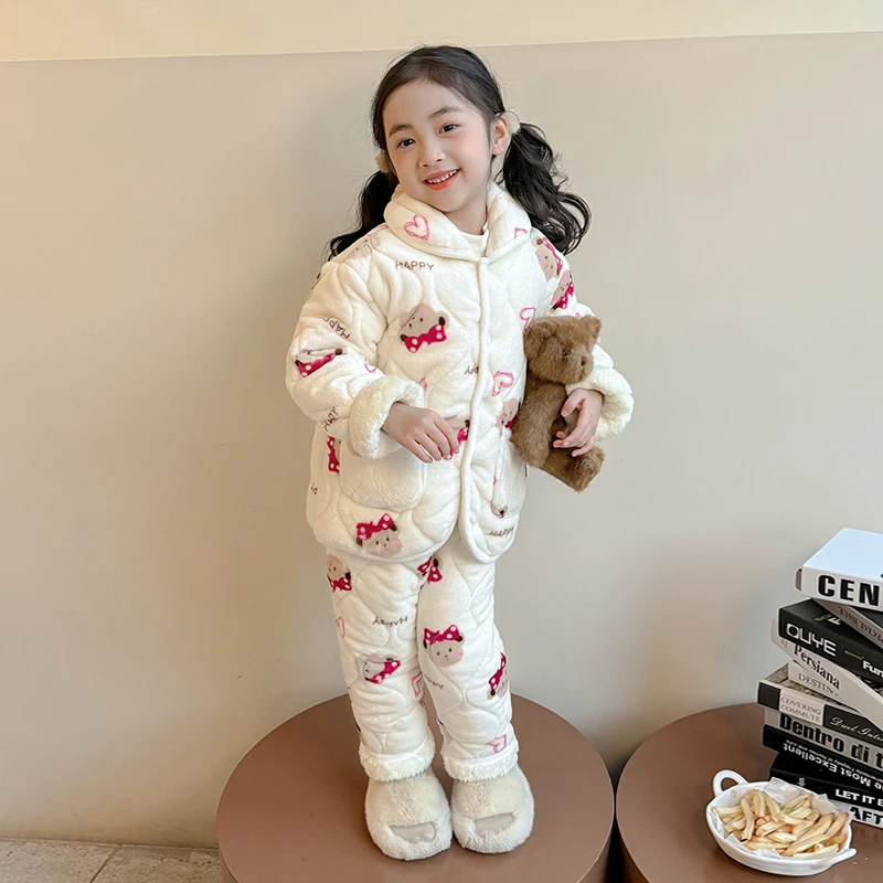 儿童珊瑚绒睡衣冬季三层夹棉加厚女孩家居服秋冬款女童法兰绒套装