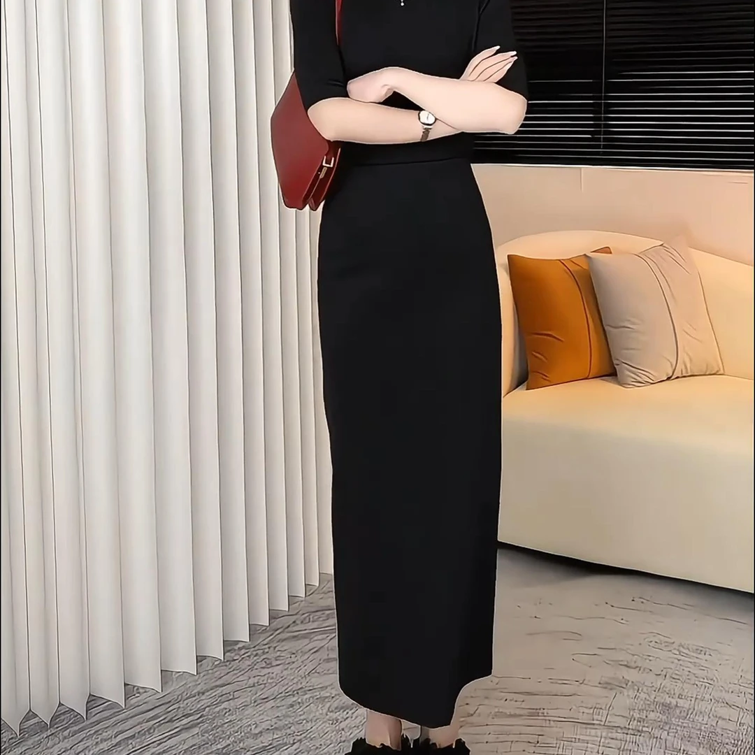 【裙长90/有弹力/后开叉】百搭显瘦半身裙秋气质高腰A字包臀裙长裙