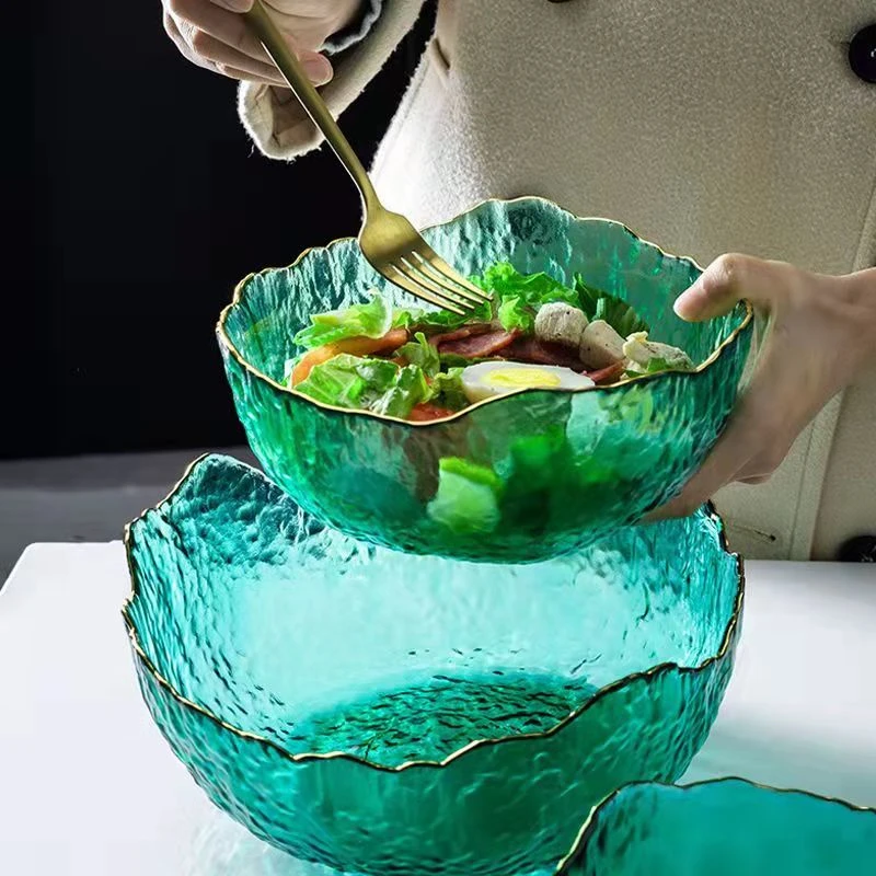 2025新款锤纹玻璃家用轻奢大碗水果蔬菜沙拉碗盘高颜值网红餐具