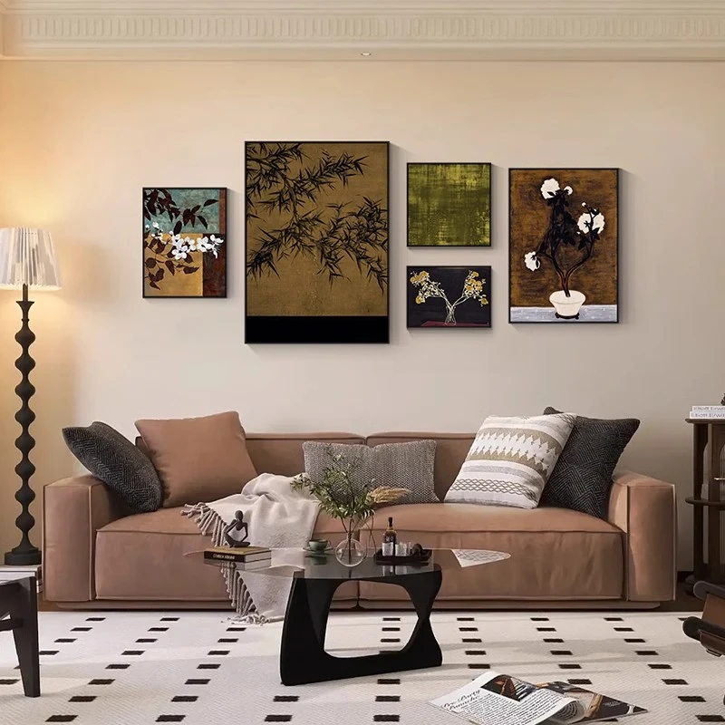中古风组合砂岩装饰画宋式美学艺术家居抽象客厅沙发背景组合挂画