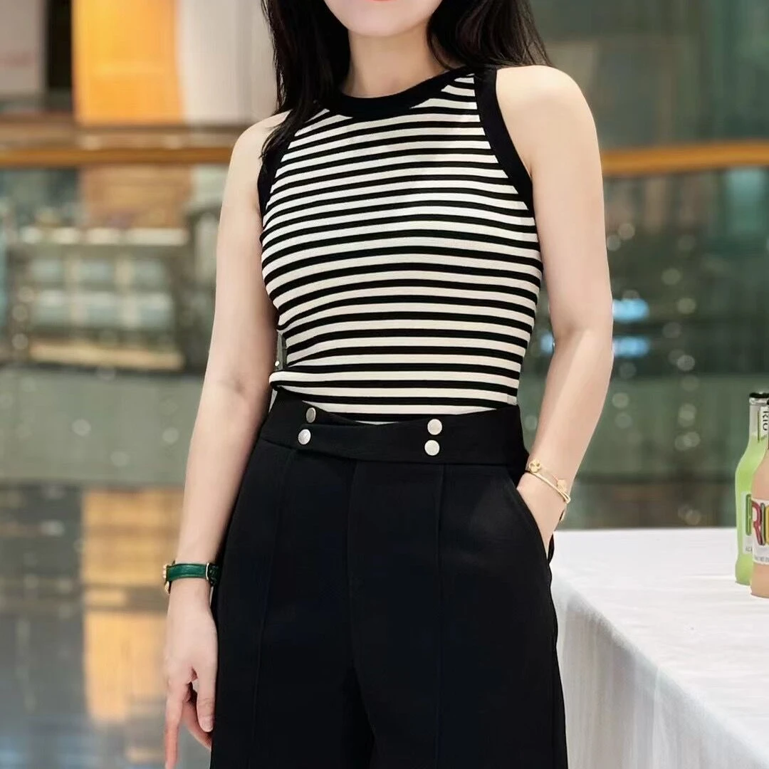 MASIEMDI玛丝恩迪女式条纹时尚纯色百搭一字肩背心