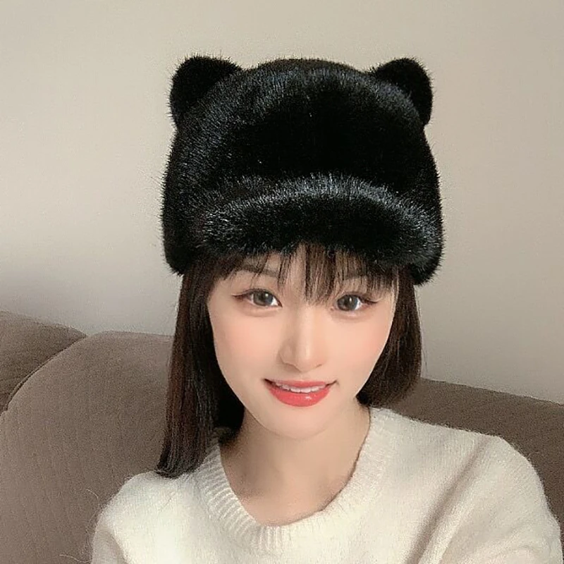 女款日系猫耳朵帽子时尚可爱保暖潮秋冬季整皮网红韩版百搭