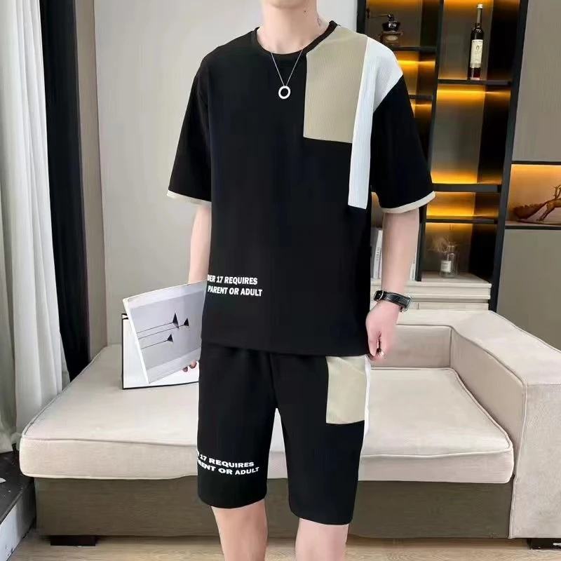 华夫格男士夏季休闲运动套装宽松潮流时尚百搭圆领短袖短裤两件套