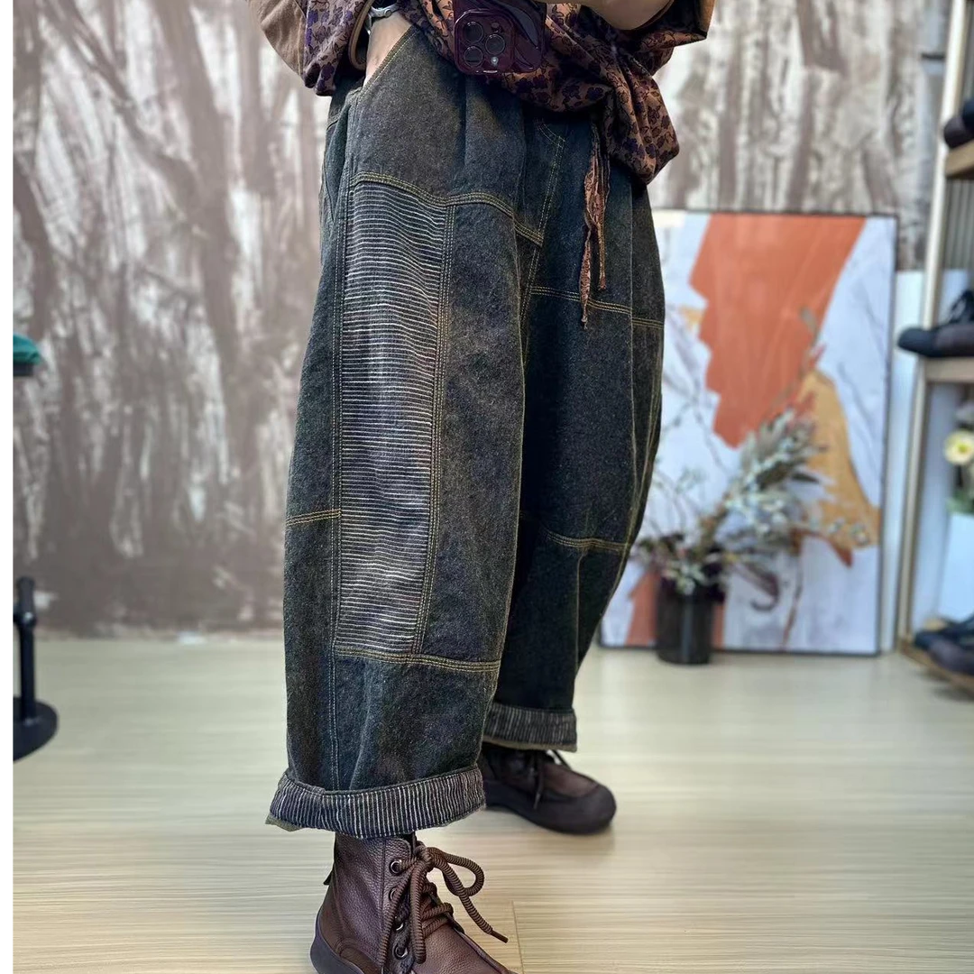 240837衣牧了然百搭复古做旧宽松秋季棉麻复古拼接休闲裤九分裤