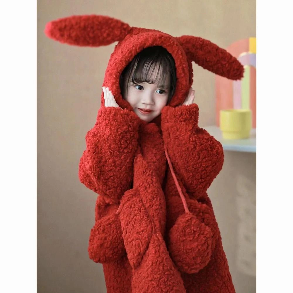 品巴拉巴拉女童毛毛外套秋冬款2023新款儿童冬季加绒加厚羊羔绒红
