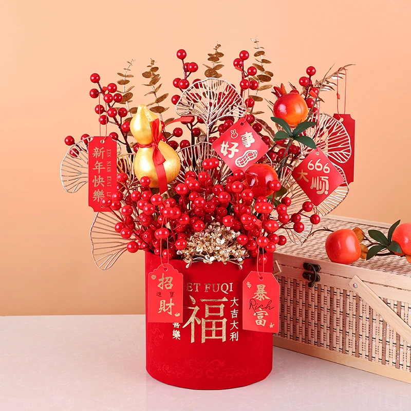 金葫芦【插好发货】高档暴富新年红果福桶石榴多子多福客厅摆件