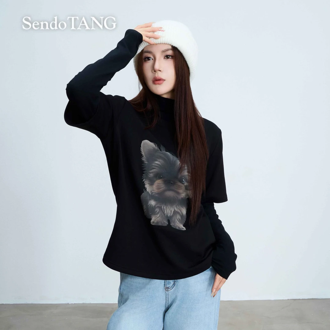 遮肉假两件加绒【旺旺】胖多女装新款时尚假两件百搭宽松打底衫