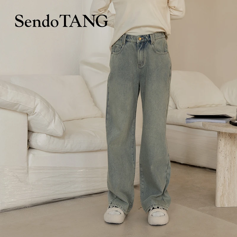 【简单点】萱多家加绒大码女装气质设计感时尚宽松显瘦高腰牛仔裤