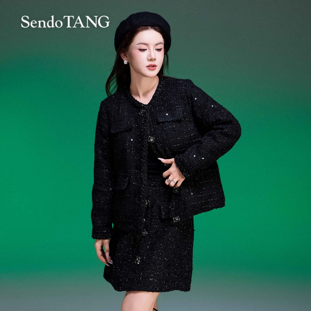 奢品羽绒【星月枕畔】胖多女装新款时尚黑色小香风羽绒服半裙套装