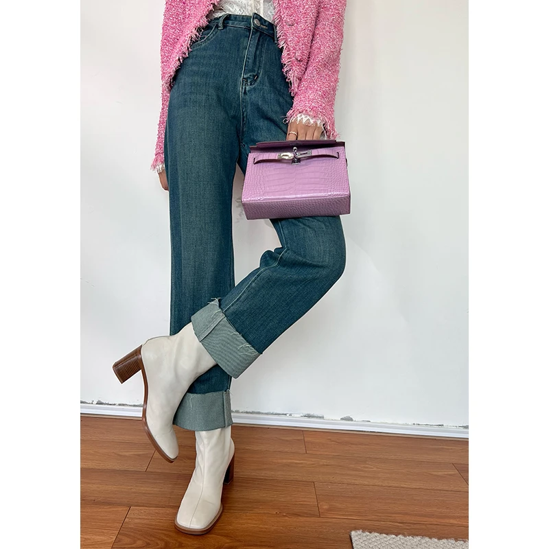 84KZ3011法式高腰翻边休闲牛仔裤女宽松复古设计直筒拖地长裤女