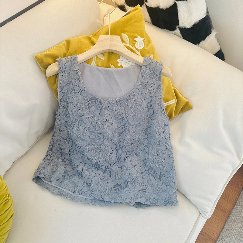 44SY1838新款宽松气质立体玫瑰花背心韩版套头无袖露肩上衣女