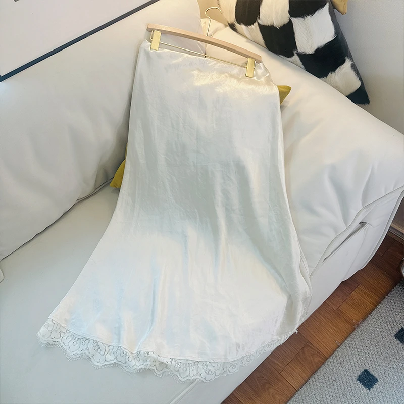 44BQ1733醋酸缎面蕾丝花边半身裙女显瘦中长款优雅气质百搭鱼尾裙