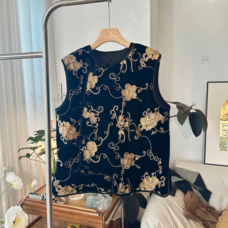 113MJ1449新中式国风刺绣加厚丝绒马甲女冬季感复古气质背心坎肩