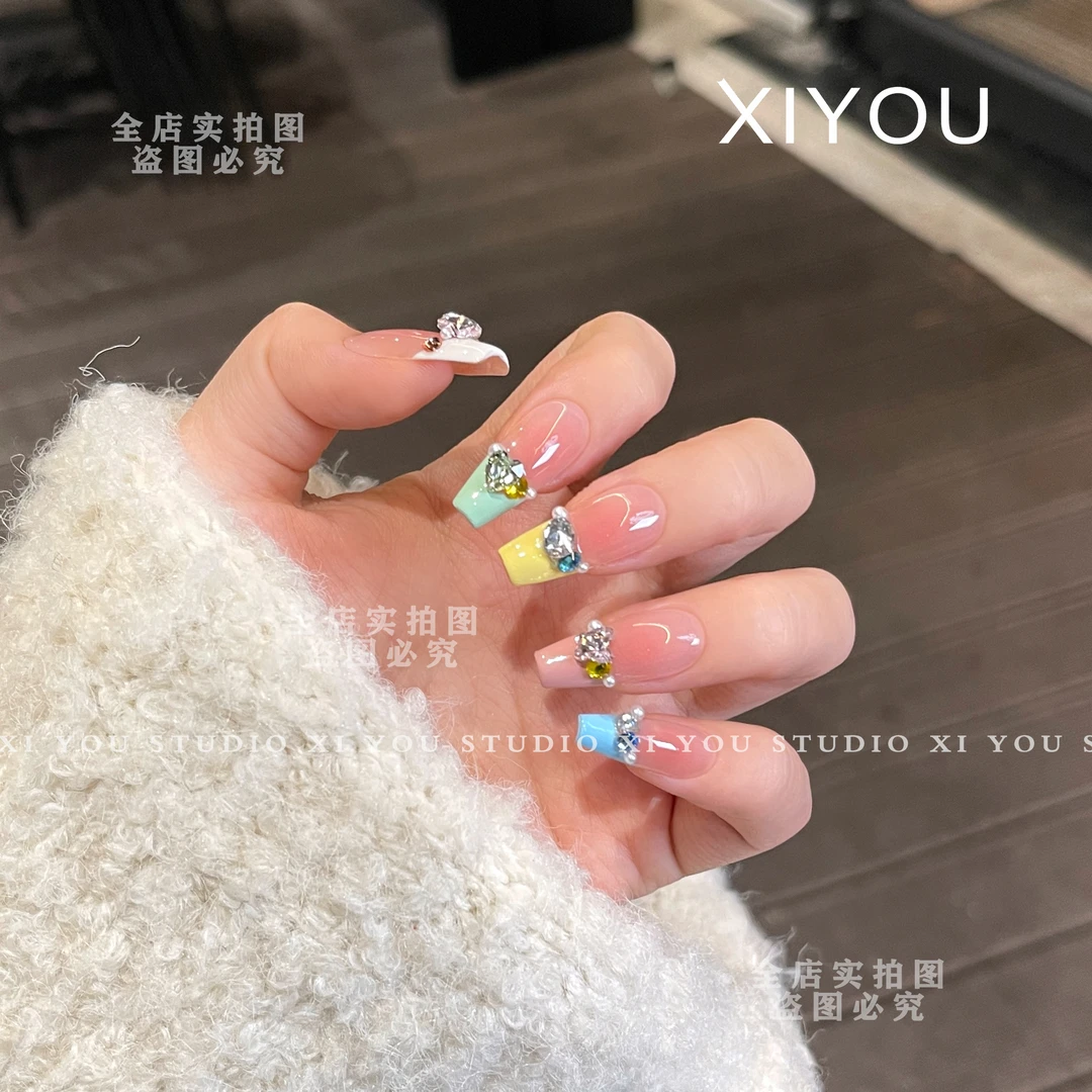 【彩虹糖】纯手工穿戴甲满钻爆闪马卡龙配色款美甲贴片
