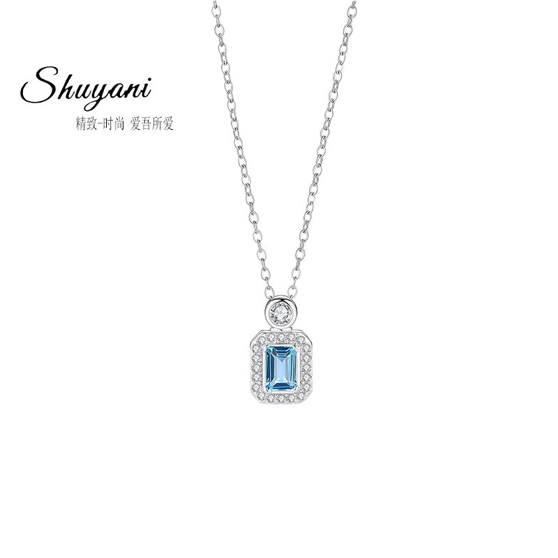 钛钢项链 海蓝色清透淡雅项链女时尚百搭小众简约坠链复古设计感