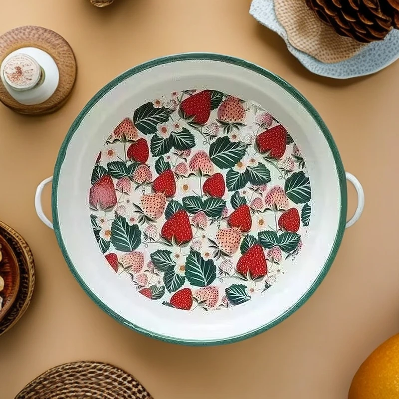 手绘搪瓷盘家用餐盘复古圆盘郁金香花边设计陶瓷加厚饺子盘