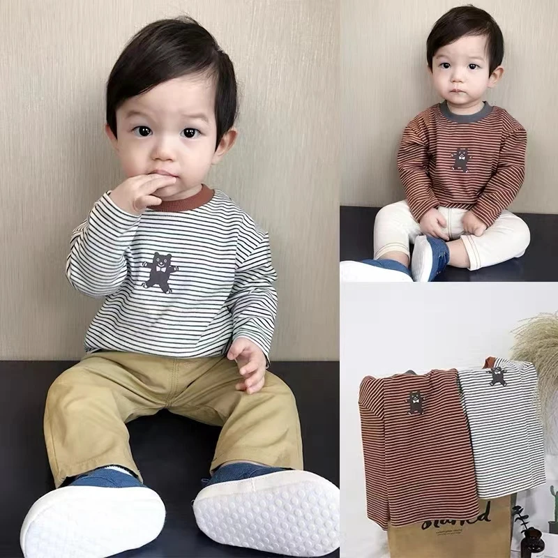 宝宝纯棉春秋长袖t上衣条纹儿童薄款打底衫男童秋季内搭衣服潮