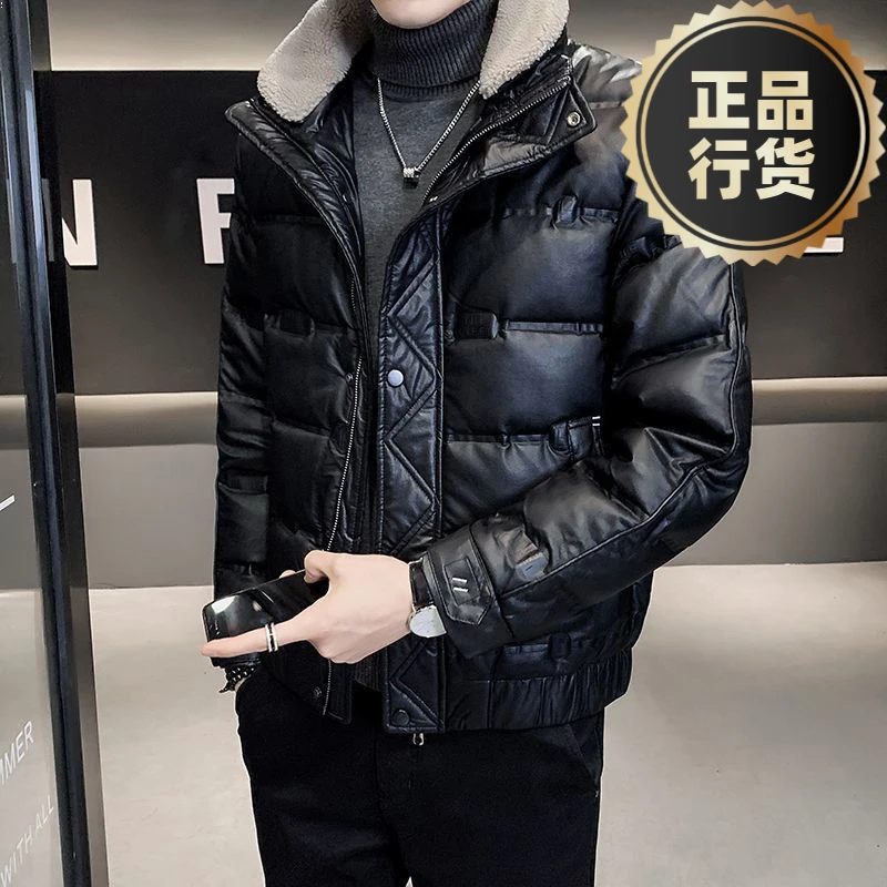 【正品】免洗PU皮羽绒服男冬季短款加厚羊羔毛领潮流修身青年百搭