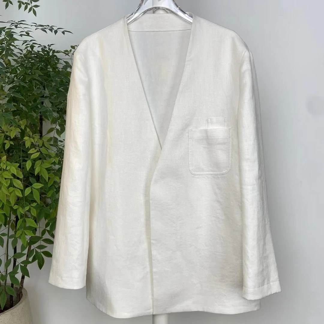 亚麻人字纹廓型外套白色气质简约百搭休闲时尚纯色秋季西服小西装