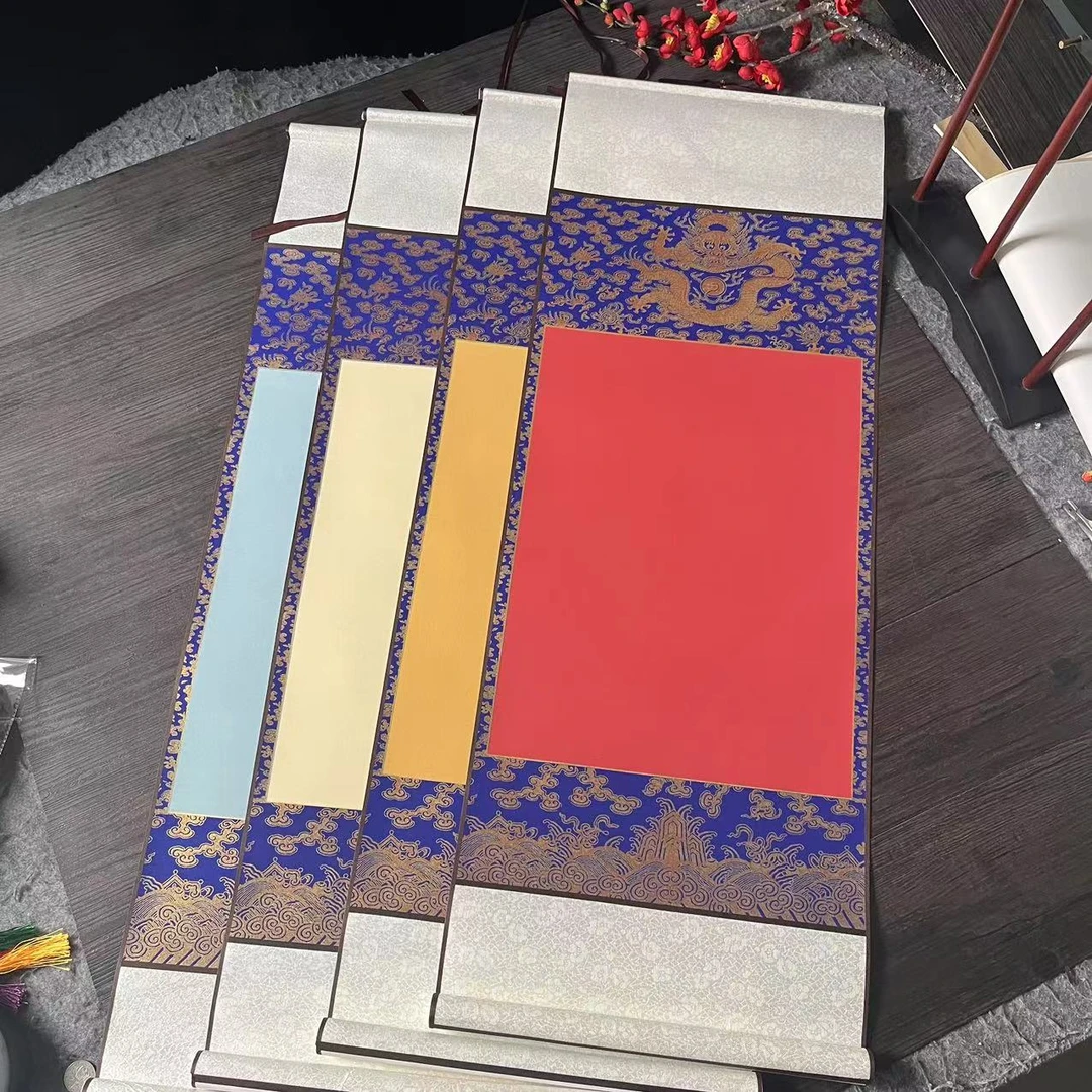 【描金龙纹四开卷轴】蜡染半生半熟书法创作万年红卷轴四尺四开