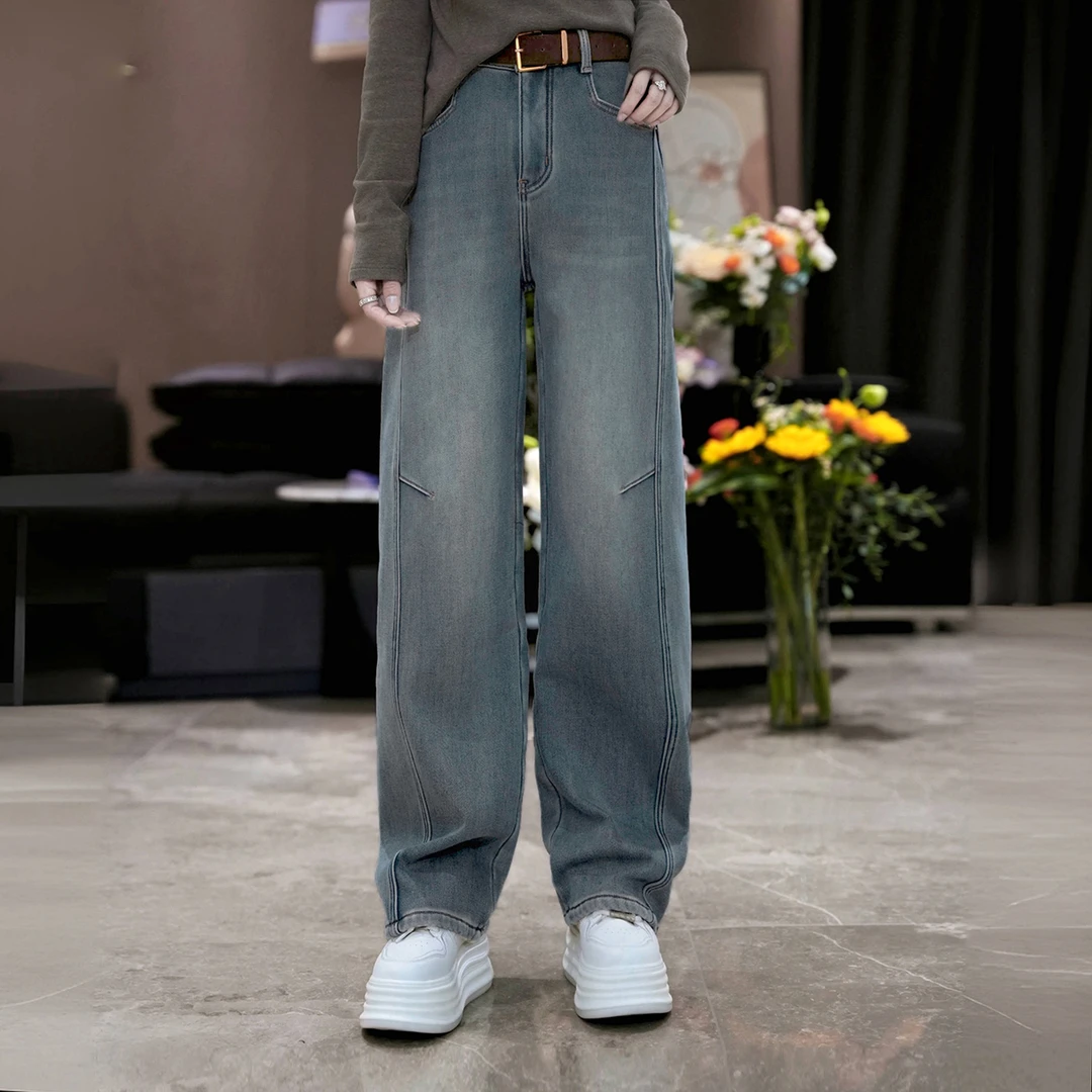 宿慕小雨自产女款加绒弯刀牛仔裤11-19冬季2024时尚牛仔裤A45065